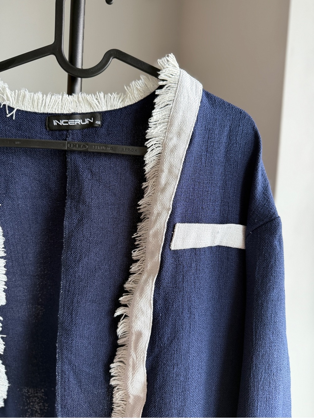 INCERUN Navy Open-Front Fringe Trim Blazer